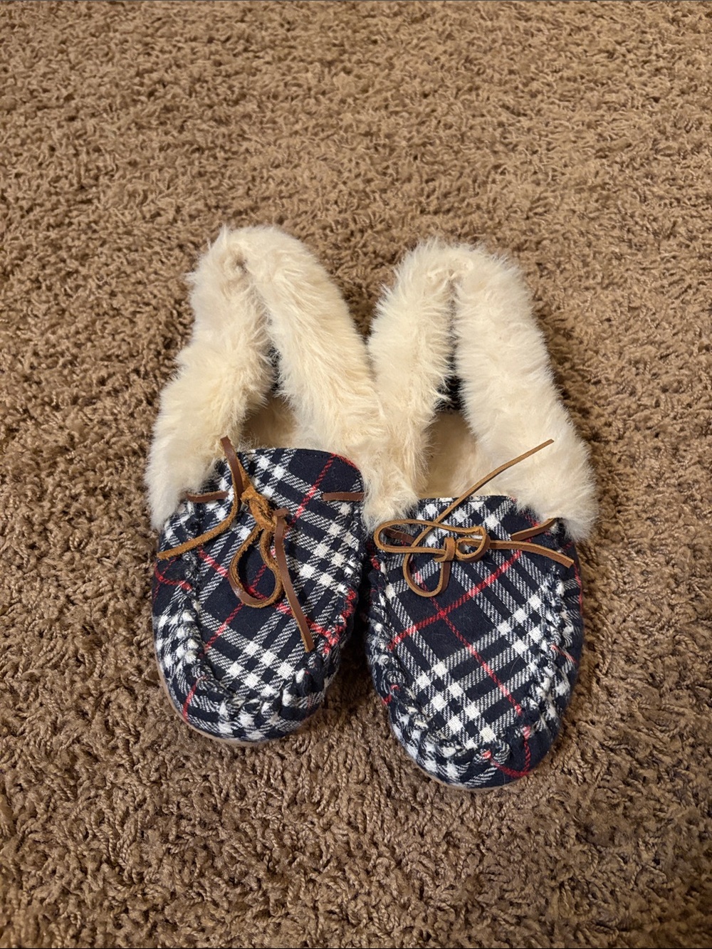 Clarks Navy, Red & White Plaid Faux-Fur Lined Moccasin Slippers